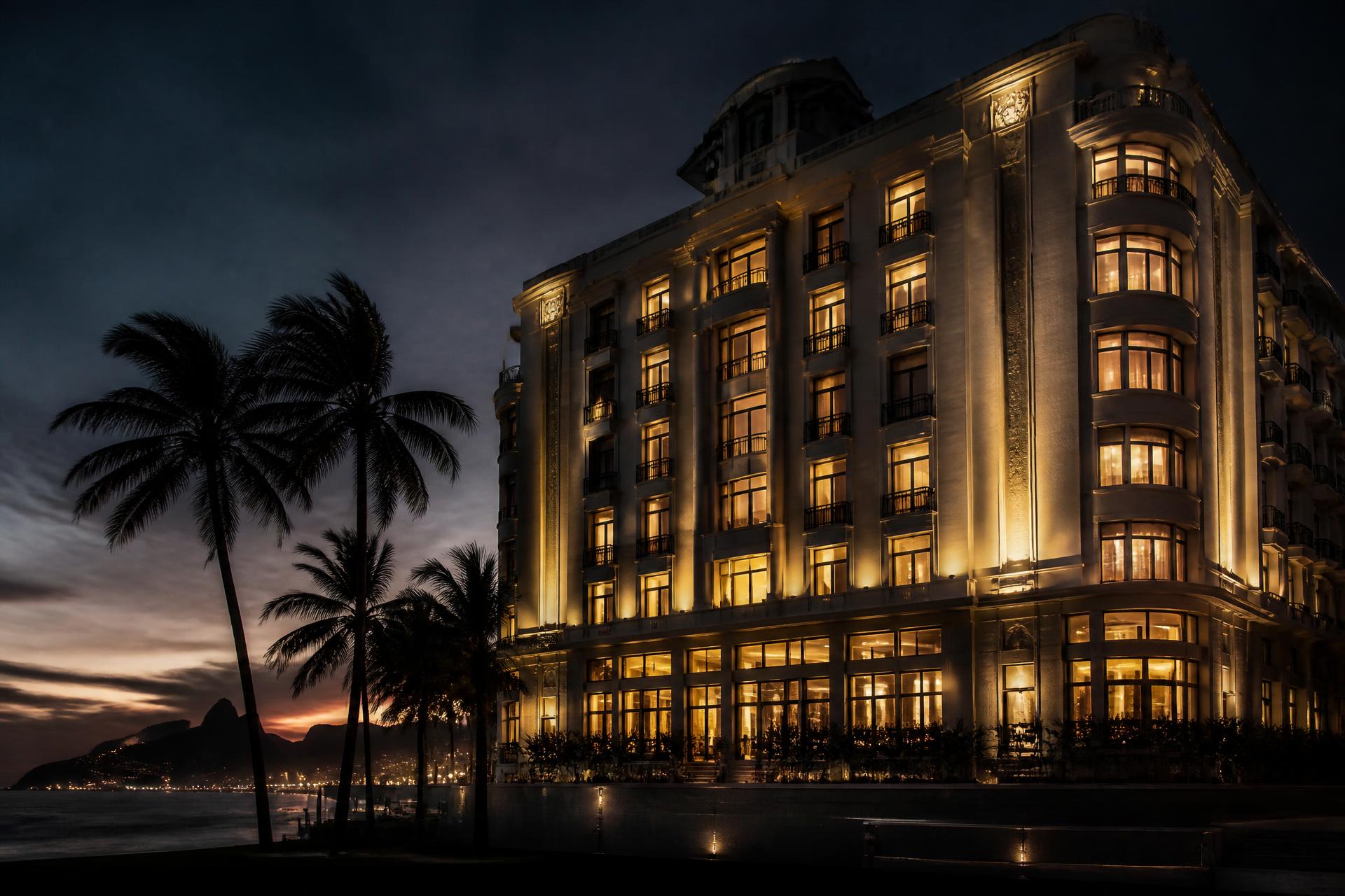 Ambiente noturno de hotel art déco à beira-mar no Rio de Janeiro
